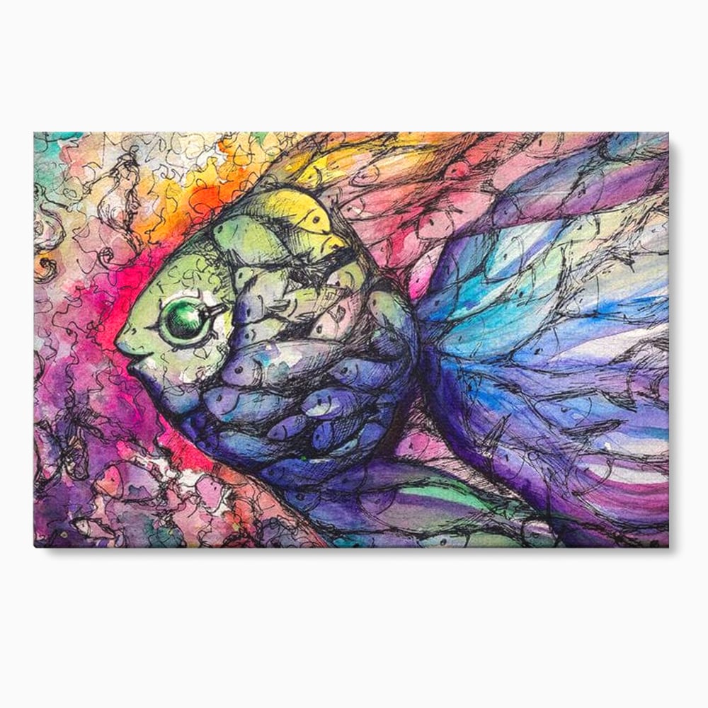 Tablou canvas cu tablou canvas cu peste mare din pesti mici, fara rama, pe sasiu de lemn